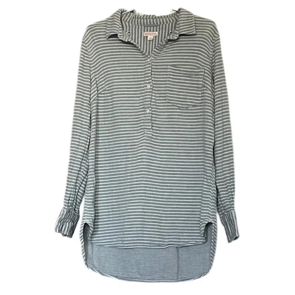Merona Women’s Tunic Cotton Button Gray Striped Top Large - Picture 1 of 8